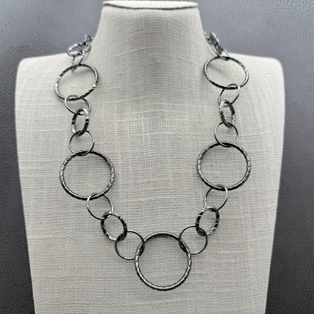 RJ Graziano Necklace Gunmetal Hammered Link Chain Statement Large Circles 20"